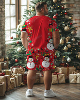 Men's Plus Size Christmas Red Snowman Elk Cartoon Tie Print T-Shirt Shorts Suit